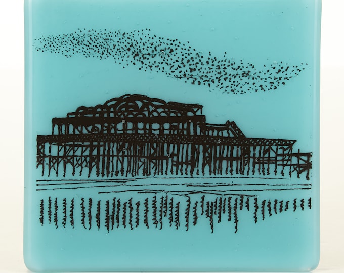 West Pier and Murmuration Glass Coaster, Brighton and Seaside Themed Drinks Holders, Made to order in your choice of colour
