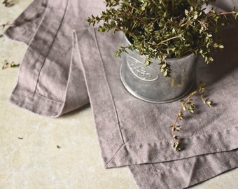 Linen classic napkins with mitered corners border set of 6, dusty lilac color linen cloth, dinner napkin, gift