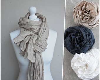Linnen sjaal, Damessjaal, Herensjaal, Linnen omslagdoek, Blauwgrijs/Zand/Gebroken wit, Linnen in een aangepaste kleur, Zomersjaal, Gewassen, Linnen accessoires