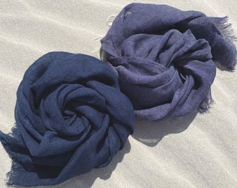 Natuurlijke linnen sjaal, voor heren/dames, donkerblauwe sjaal, zomersjaal, trendy accessoire, met patroon, blauwe linnen gaasstof
