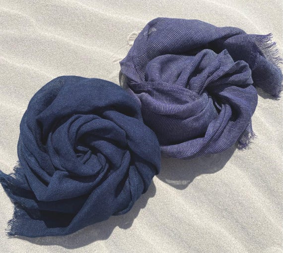 Natural linen scarf, Men/ Women, Dark blue color shawl, Summer scarf, Fashion trend, accessories, Patterned, Blue Gauze linen