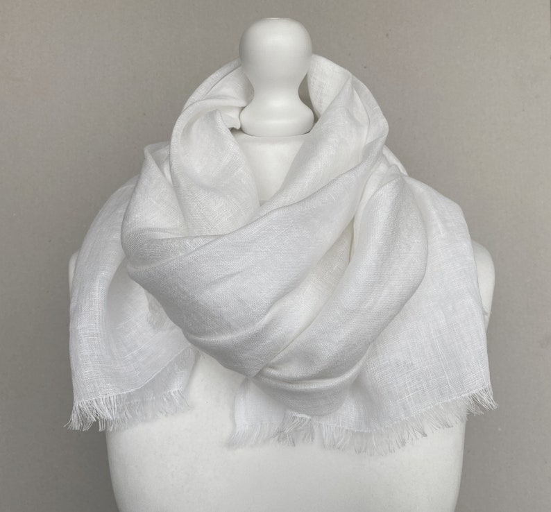 White linen scarf, all seasons, natural linen, lightweight scarf, men/women scarf, trending accessories, gift for friend, fringed scarf image 5