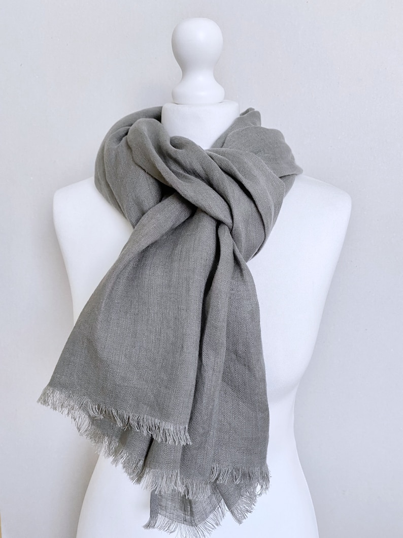 Grey natural linen scarf, unisex scarf, all seasons, travel essentials, pure linen, trending item, fringed scarf, gift idea, accessories image 6