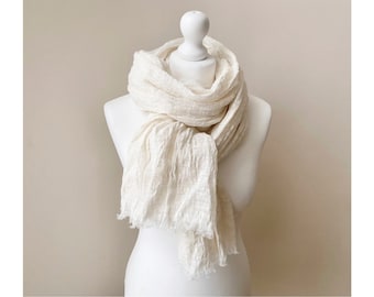 Linen Scarf- Cream White- Shawl- Cotton/Linen Blend- All seasons Trend Accessories- Long Scarf- Soft Linen Scarf- Gift Idea- Textured Linen