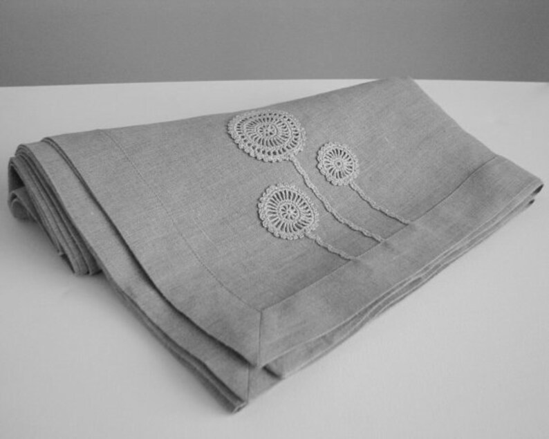 Linen tablecloth square from natural gray linen fabric with handmade crochet decor custom size gift idea Gift for her image 3