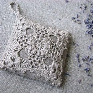 Linen lavender sachet- hanging decoration-  natural linen-  handmade -crochet- gift for her