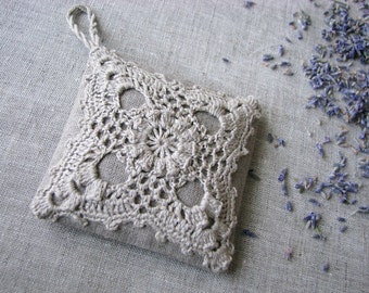 Linen lavender sachet- hanging decoration-  natural linen-  handmade -crochet- gift for her