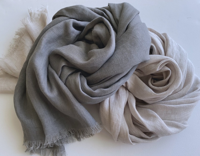 Grey natural linen scarf, unisex scarf, all seasons, travel essentials, pure linen, trending item, fringed scarf, gift idea, accessories image 4
