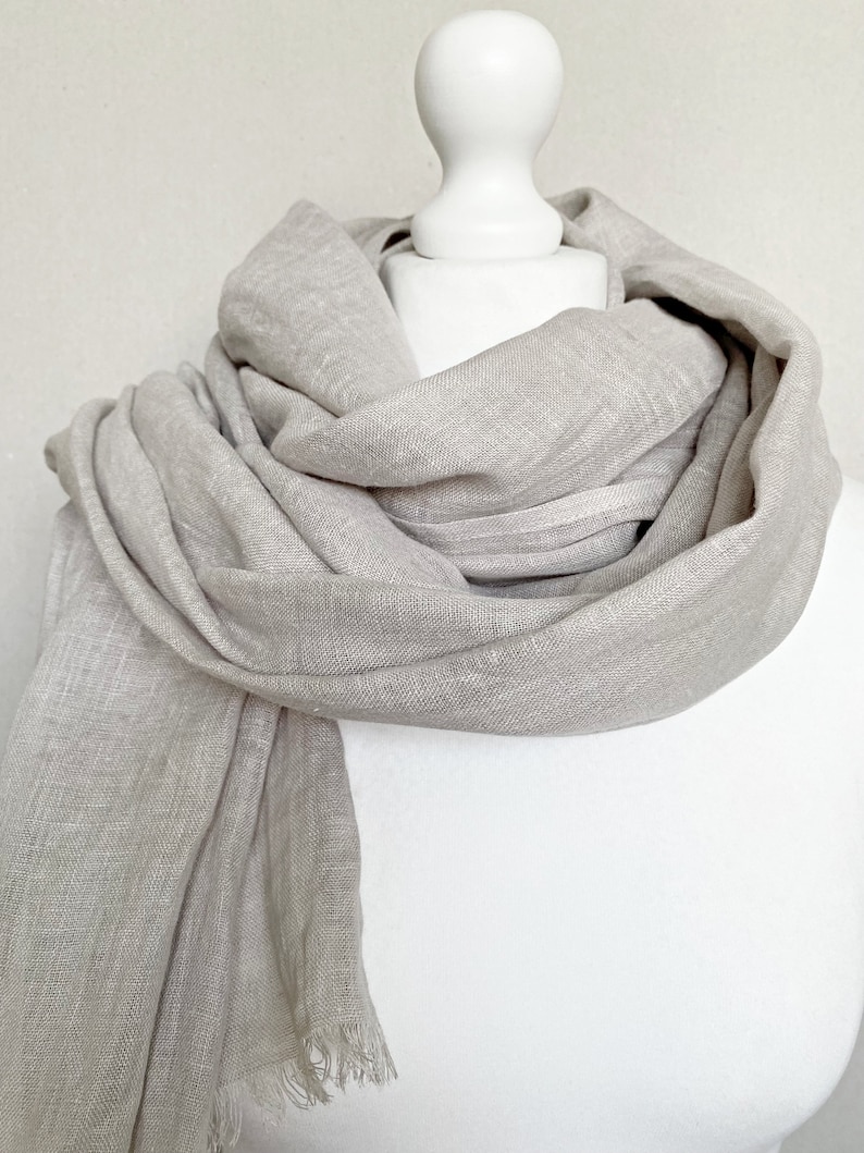 Grey natural linen scarf, unisex scarf, all seasons, travel essentials, pure linen, trending item, fringed scarf, gift idea, accessories image 7