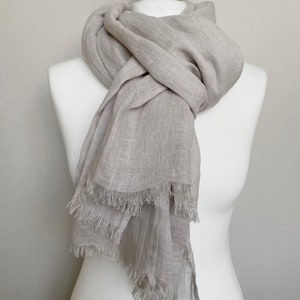 Grey natural linen scarf, unisex scarf, all seasons, travel essentials, pure linen, trending item, fringed scarf, gift idea, accessories image 5