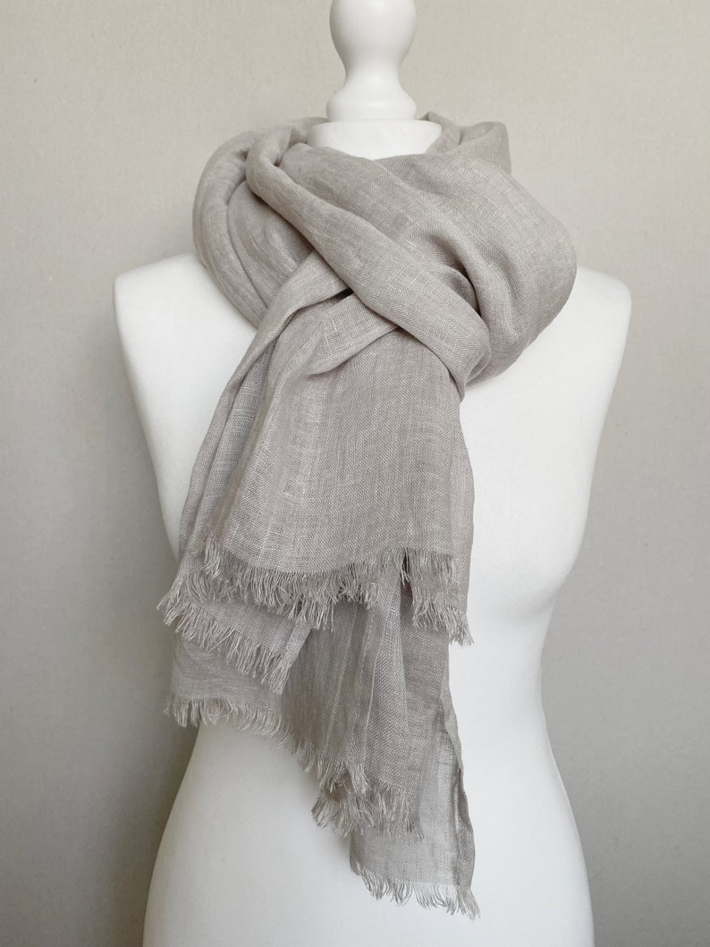Grey natural linen scarf, unisex scarf, all seasons, travel essentials, pure linen, trending item, fringed scarf, gift idea, accessories image 5