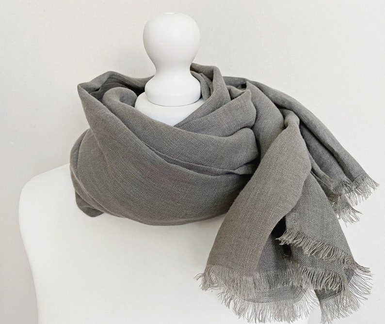 Grey natural linen scarf, unisex scarf, all seasons, travel essentials, pure linen, trending item, fringed scarf, gift idea, accessories image 8