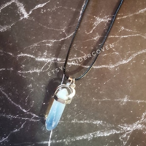 Opalite crystal wand necklace with dainty crescent moon, pagan necklace, crystal wand, crystal point