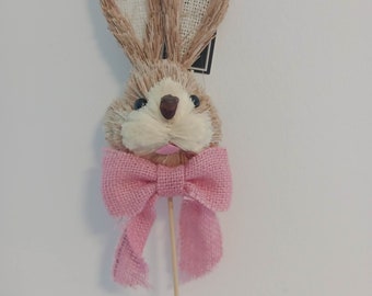 Straw Bunny Head on Pick Pink Ribbon  size approx 39cm