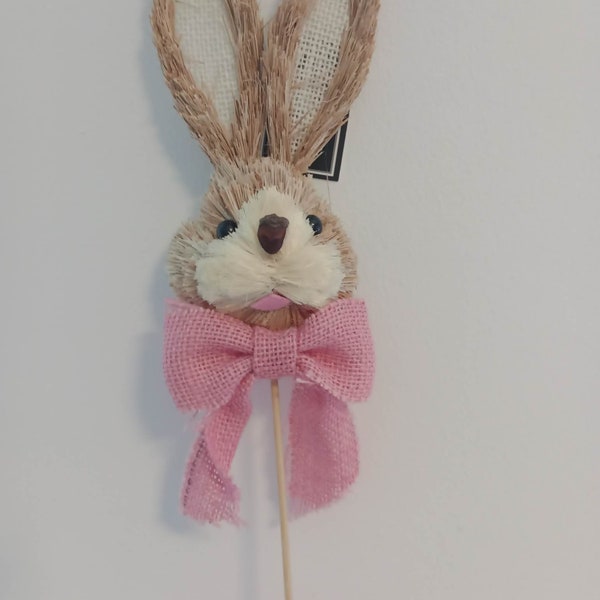 Straw Bunny Head on Pick Pink Ribbon  size approx 39cm