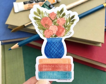 Jane Austen Book & Flower Vase Sticker: Waterproof Vinyl (3 x 2 inch)