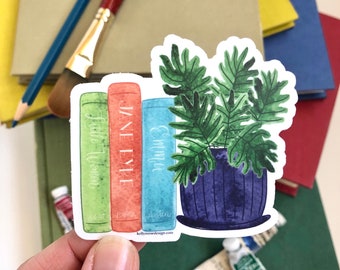 Books & Potted Plant Sticker, Little Women, Jane Eyre, Emma, 3 x 2.5 inch