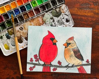 Male and Female Cardinals - Fine Art Print of Watercolor Painting | 5x7 4x6 | Wall Art