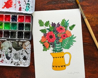 Yellow Vase Floral Bouquet - Fine Art Print of Watercolor Painting | 5x7 | Wall Art