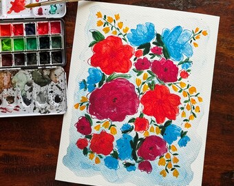 Blue Floral Burst - Fine Art Print of Watercolor Painting | 8x10 5x7 | Wall Art