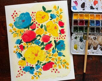 Yellow Floral Burst - Fine Art Print of Watercolor Painting | 8x10 5x7 | Wall Art