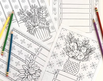 Books and Plants Printable Coloring Page Bundle