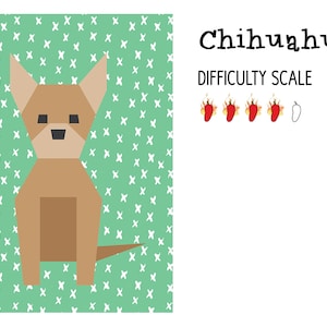 May include: A brown and white geometric illustration of a Chihuahua dog sitting on a green background with a white x pattern. The text "Chihuahua" and "DIFFICULTY SCALE" is displayed with four red chili peppers and one white chili pepper.