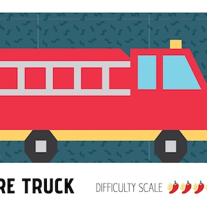 Peut inclure: Illustration d'un camion de pompiers rouge avec une base jaune, des roues grises et une échelle. Le camion a des fenêtres bleues et un toit jaune. Le texte "FIRE TRUCK" est en dessous, avec une échelle de difficulté.