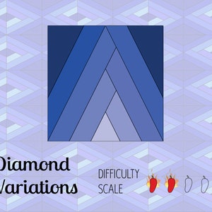 May include: A quilt block pattern called "Diamond Variations" with a blue, gray, and white color scheme. The difficulty level is rated as two chili peppers out of five.