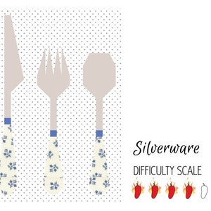 May include: Illustration of a knife, fork, and spoon set. The silverware has light gray heads and cream-colored handles with blue floral patterns. The background is white with a dotted pattern. Text reads "Silverware" and "Difficulty Scale".