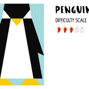 Puede incluir: Un pingüino blanco y negro con un pico y patas amarillas. El pingüino está sobre un fondo con estampado azul y blanco. El texto "PENGUIN" y "DIFFICULTY SCALE" está por encima del pingüino. Hay tres chiles rojos y dos contornos blancos de chiles.