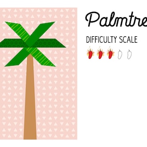 Könnte beinhalten: Ein grüner Palmenbaum mit braunem Stamm auf rosa Hintergrund mit weißem Dreiecksmuster. Der Text "Palmtree" und "Difficulty Scale" wird mit drei roten Chilischoten und zwei weißen Chilischoten angezeigt.