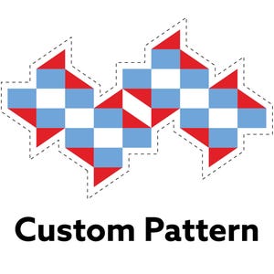 May include: A geometric design with a repeating pattern of red, white, and light blue squares and triangles. The design is outlined with a dashed line and the words "Custom Pattern" are written in black below the design.
