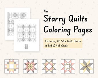 The Starry Quilts Coloring Pages with 20 Traditional Star Blocks in 3x3 & 4x5 grids