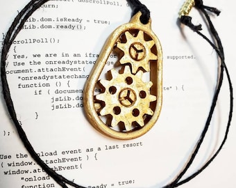 Engranajes impresos en 3D collar de engranajes de spinning funcionales con 18k circuit board gold accents black hemp engineer science steampunk stem jewelry
