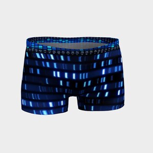 May include: Blue athletic shorts with a digital pattern of blue and white lights.