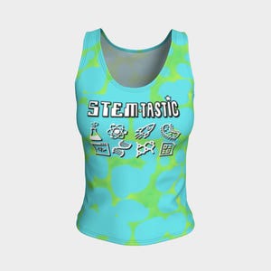 May include: A blue tank top with a green tie-dye pattern and the text "STEM-TASTIC" in white. The design includes various STEM-related icons, such as a beaker, atom, rocket, and DNA strand.