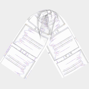 May include: A white scarf with a pattern of computer code printed on it. The code is in a variety of colors, including blue, purple, and orange.