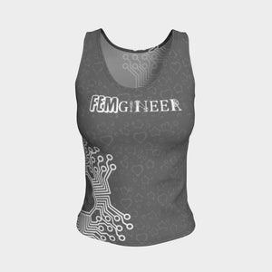 May include: Grey tank top with a white circuit board design and the text "FEMGINEER" in white.
