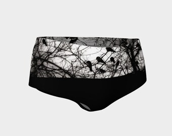 Calzoncillos de natación de cuervos, arte impreso equipo de temas de ciencia atlética, ramas de árboles de aves cuervos, asesinato de córvidos, shorties de yoga de la cultura nerd personalizada