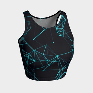 May include: A black crop top with a geometric pattern of blue lines and dots. The pattern resembles a constellation or a network.