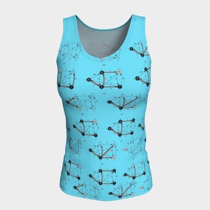 May include: A light blue tank top with a repeating pattern of black and brown geometric shapes and numbers. The shapes are triangles and circles connected by lines.
