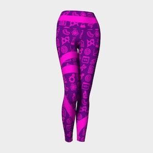 May include: Purple leggings with a pink science-themed pattern. The pattern includes icons like atoms, test tubes, and DNA strands.