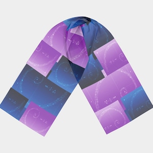 May include: A scarf with a repeating pattern of squares in shades of purple and blue. Each square features a spiral design and mathematical notations. The scarf is folded, displaying the pattern prominently.