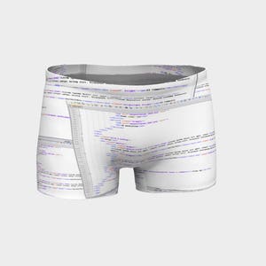 May include: White boxer shorts with a pattern of computer code printed on them.