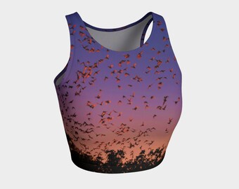 Murciélagos en la puesta del sol colonia de murciélago salvuelo zorro Crop tanque top hecho a mano de alta calidad ciencia de la naturaleza artista de yoga original impreso elegante geek desgaste