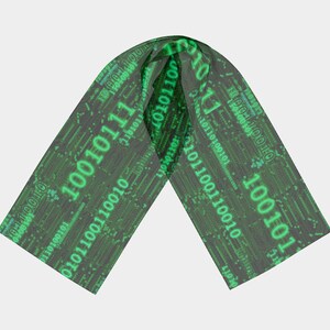 May include: A green scarf with a digital pattern of binary code. The code includes the numbers 1 and 0, and the text "10010111".