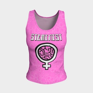 May include: Pink tank top with a white "STEMinist" text and a circuit board design inside a female symbol.
