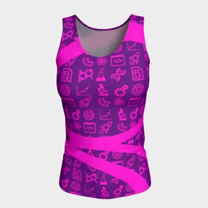May include: A pink tank top with a purple background featuring a pattern of science and technology icons, including atoms, DNA strands, rockets, and code. The tank top has a pink diagonal stripe design.