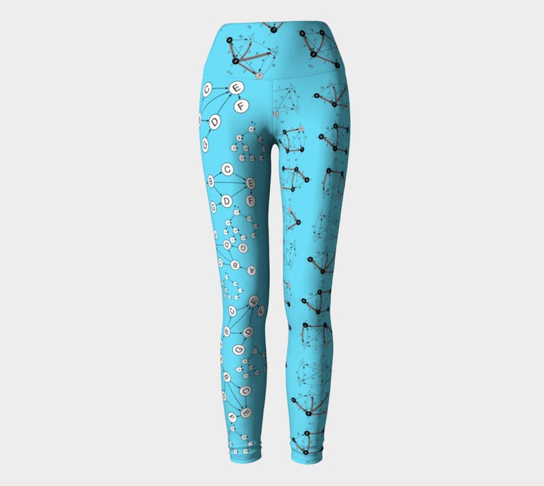 May include: Blue yoga leggings with a white and black pattern of connected circles and lines. The pattern includes letters and numbers.
